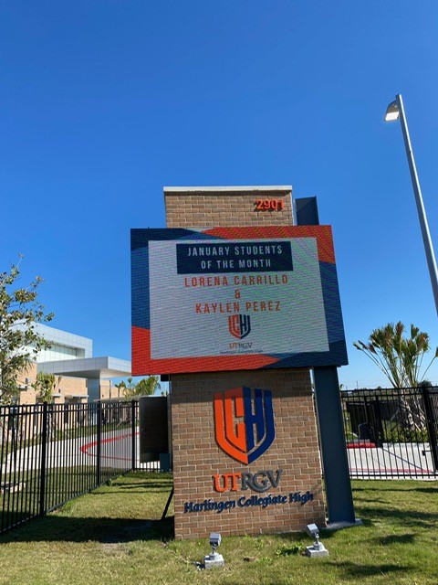 Dynamic digital signage for UTRGV Harlingen Collegiate High, showcasing achievements and announcements.